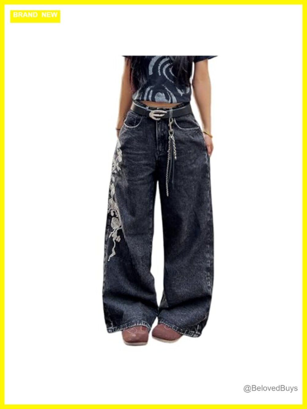 Women's Baggy Wide Leg Jeans Loose Fit Floral Embroidery Denim Pants